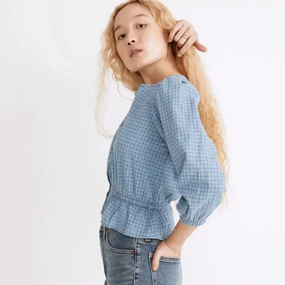 Madewell Chambray Puff-Sleeve Peplum Top in Windowpane Blue – Size S Style NE213